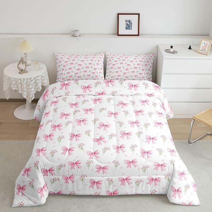 Feelyou Pink Bow Kids Comforter Set Queen Size Pink Floral Bedding Set Princess Decor Bowknot Duvet Quilt for Kids Boys Girls Bedroom Garden Flower Decor Microfiber Ultra Soft Breathable