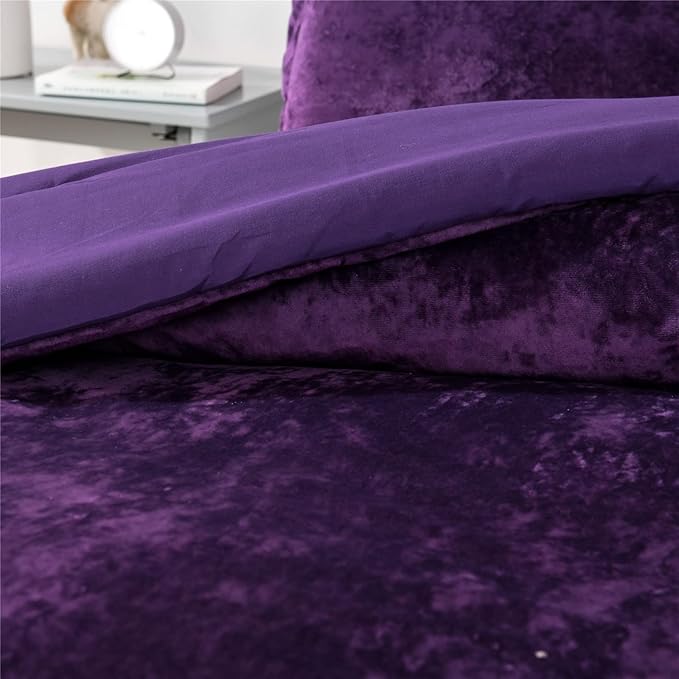 Sunshine Nicole Distressed Velvet Comforter Set, Distressed Velvet Face and Brushed Solid Microfiber Reverse, with Light Weight Soft Poly Fill, 5 Pieces Purple, King