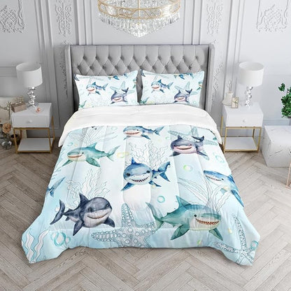 Boys Blue Ocean Shark Comforter Set Full Size Shark Starfish Bedding Sets Seaweed Quilt Bed Set for Kid Girls with 1 Comforter and 2 Pillowcases