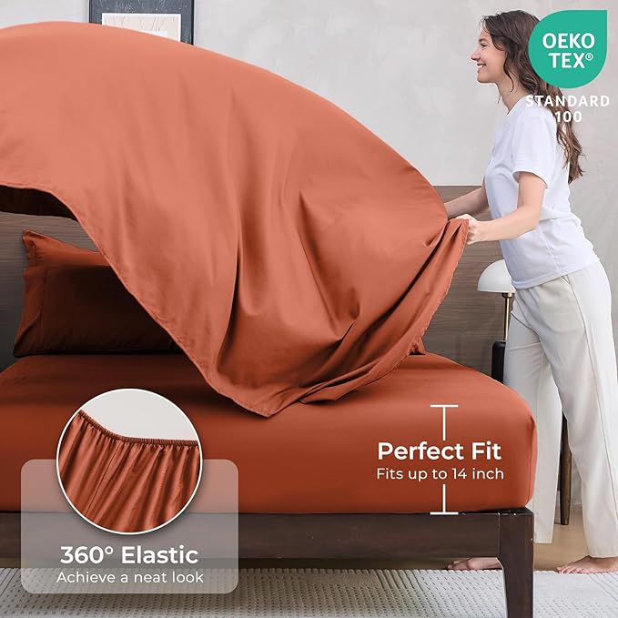 HEVUMYI Burnt Orange Cali-King Comforter Set - 7-Piece All Season Bed in a Bag Cali-King, Ultra Soft Bedding Set with Comforter, Flat Sheet, Fitted Sheet, Pillowcases, Pillow Shams
