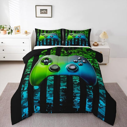 Gamer Comforter Set King Kids Boys Teens USA Flag Stars Down Comforter Gaming Comforter Gamer Room Decor Camo Video Game Bedding Set, Gamepad Console Duvet, Youth Young Man Quilt, Grunge Style