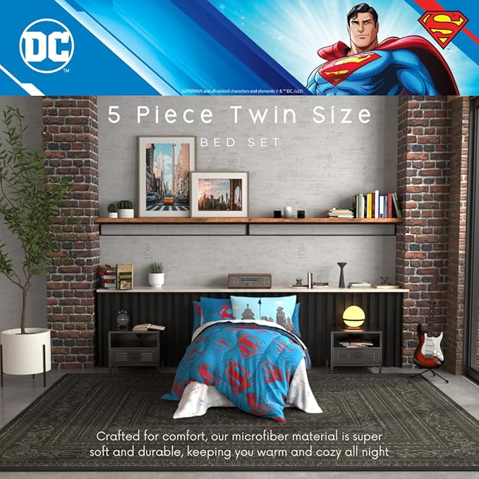 Superman DC Comics Kids Bedding Super Soft & Cozy Reverisble Microfiber Comforter and Sheet Set with Sham, 5 Piece Twin Size, (Officially Licensed Product) by Franco