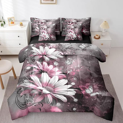 Feelyou Girls Vintage Flower Comforter Set with Sheets King Size 7 Pieces Kids Pink Daisy Florals Pattern Bedding Set for Boys Women Teens Butterfly Botanical Nature Garden Theme Bed in a Bag