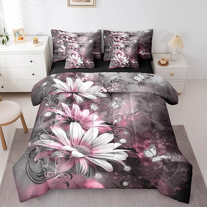 Feelyou Girls Vintage Flower Comforter Set with Sheets Queen Size 7 Pieces Kids Pink Daisy Florals Pattern Bedding Set for Boys Women Teens Butterfly Botanical Nature Garden Theme Bed in a Bag