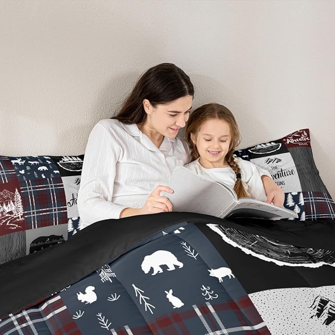 Retro Cabin Bedding For Kids, Rustic Adventure Bear Deer Moose Comforter Set Queen Size, Camping Hunting Wild Animal Bedding Comforter Sets Geometric Patchwork Lodge Decor Quilt Deer Decor For Home