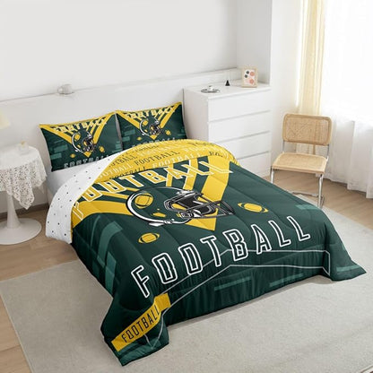 Feelyou Football Bedding Set Boys Girls Queen Size Comforter Set Sports Themed Women Men Football City Duvet Quilt Rugby Sports Green Yellow Room Decor
