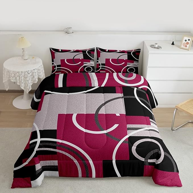 Erosebridal Modern Red Gray Black Bedding King Size Abstract Circles Striped Comforter Set Geometric Spiral Checkered Duvet Insert Chic Texture Quilted Comforter Bedroom Decor with 2 Pillow Covers