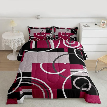 Erosebridal Modern Red Gray Black Bedding Queen Size Abstract Circles Striped Comforter Set Geometric Spiral Checkered Duvet Insert Chic Texture Quilted Comforter Bedroom Decor with 2 Pillow Covers