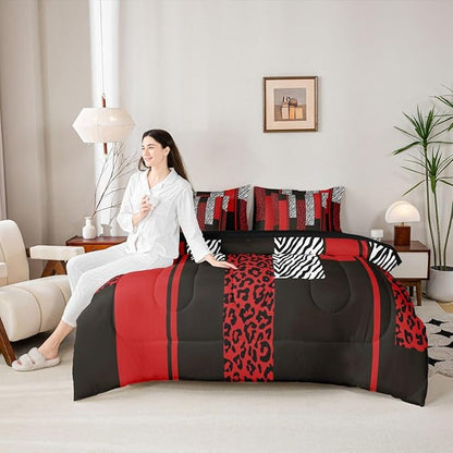Erosebridal Zebra Cheetah Fur Pattern Black Red Adults Comforter Set Queen Size 7 Pieces | Leopard Print Stripes Bed in A Bag Zebra Cheetah Wild Animal Skin Bed Set Women Men Teens Bedding