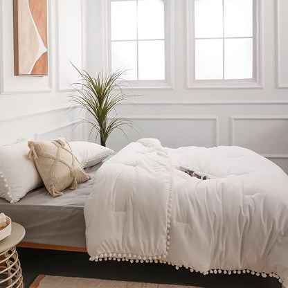 YIRDDEO Queen Comforter Set - Comforter Queen Size Sets with Ball Pom Fringe, Soft Bedding Set for All Seasons - 3 Pieces, 1 Comforter (90"x90") & 2 Pillow Shams (20"x26"), White