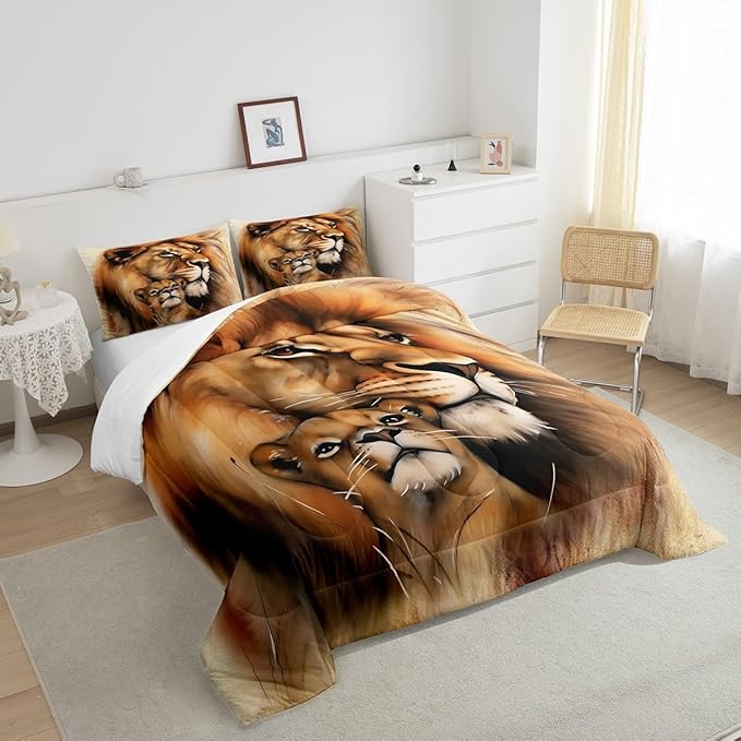 Erosebridal Lion Comforter Set, Brown Bedding Set Full Size, African Savannah Safari Wildlife Animals Down Comforter, Couple Theme Duvet Set for Bedroom Living Room Decorative