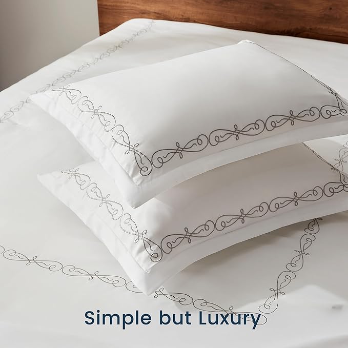 SLEEP ZONE Queen Comforter Set, Luxury Hotel Collection Comforter, 3 Pieces Fluffy Lightweight Down Alternative Duvet Insert with Embroidered Stripes (Elegant Scroll, Full/Queen)