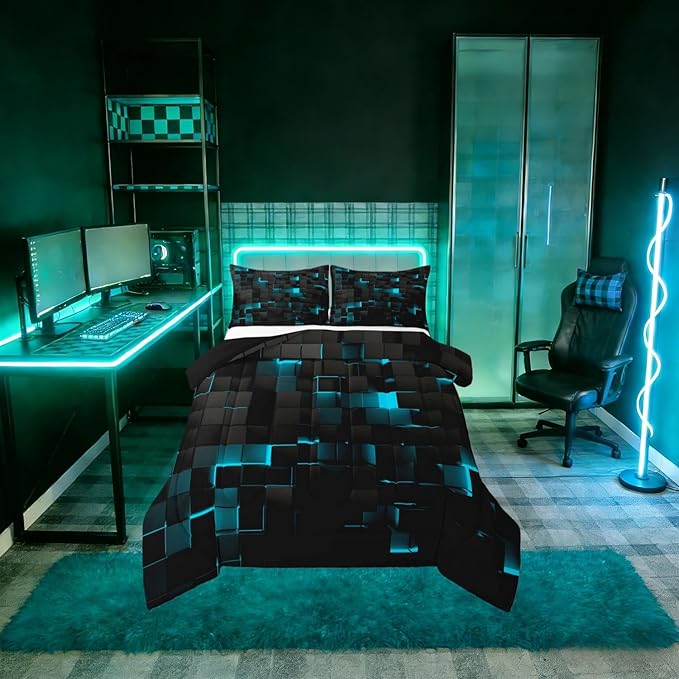 Erosebridal Black Teal Comforter Set Queen Neon Turquoise Geometric Checkered Bedding Set for Boys Gaming Room Decor,Teen Men Abstract Stereoscopic Grids Quilt Square Plaid Bed Set 3 Pcs