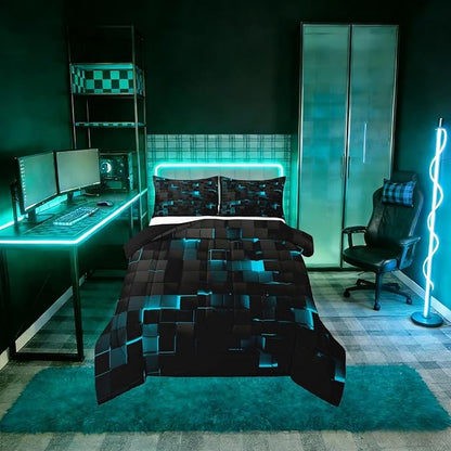 Erosebridal Black Teal Comforter Set Queen Neon Turquoise Geometric Checkered Bedding Set for Boys Gaming Room Decor,Teen Men Abstract Stereoscopic Grids Quilt Square Plaid Bed Set 3 Pcs