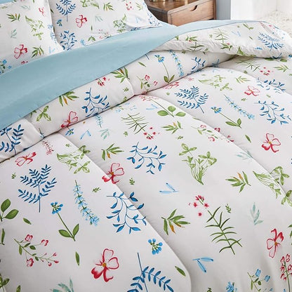 White Floral Comforter Sheet Set 7 Pieces Bed in a Bag Queen Size Green Blue Leaves with Red Flowers Reversible Bedding Set (1 Comforter 2 Pillow Shams 1 Flat Sheet 1 Fitted Sheet 2 Pillowcases)