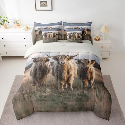 Erosebridal Highland Cow Print Comforter Sets with Sheets, Farm Animal Bedding Set King for Boys Girls Country Style 7Pcs Bed in A Bag Rustic Farmhouse Bed Set