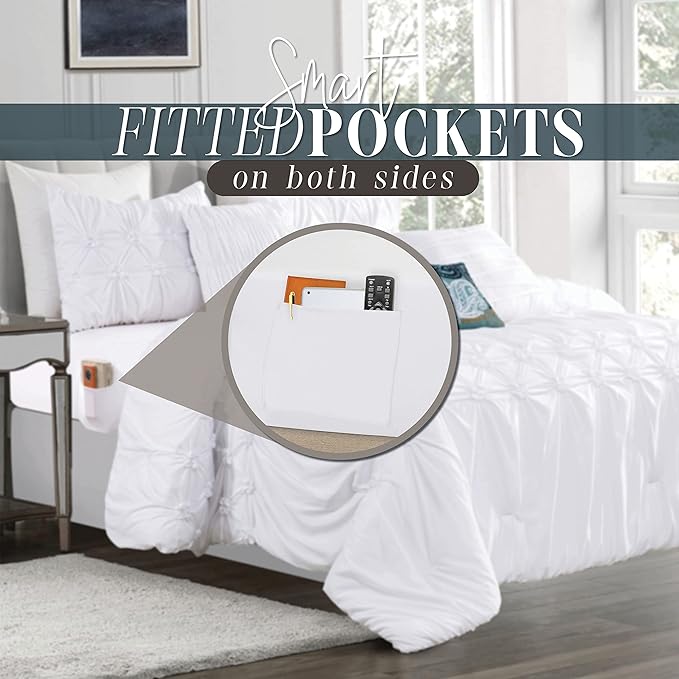 Elegant Comfort 12-Piece Bed-in-a-Bag, Ella Pleated Ruched Pintuck Comforter Set, 6-Piece Sheet Set Featuring Smart Pockets, Matching Decorative Pillows, All Season Bedding, Full, White