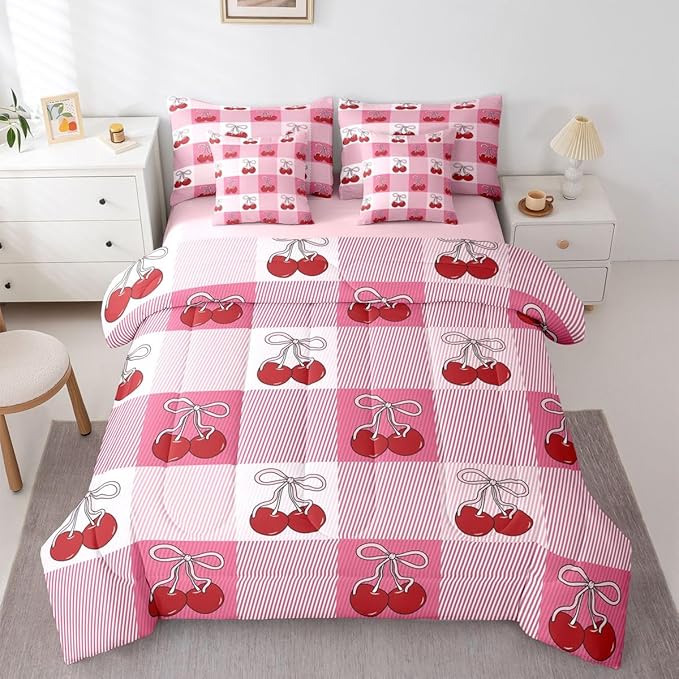 Feelyou Cherry Prints Comforter Set King Size 7 Pieces Pink Bow Bedding Set for Kids Boys Girls Buffalo Check Bed in a Bag with Comforter, Sheets, Pillowcases, Cushion Covers Cute Fruit Bedroom Decor