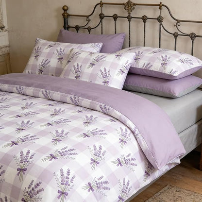 Gingham Queen Bed in A Bag 5Pcs Purple Lavender Bedding Comforter Set Boho Checkered Quilted Comforter with 2 Pillowcases + 1 Flat Sheet + 1 Fitted Sheet, 90"x90"