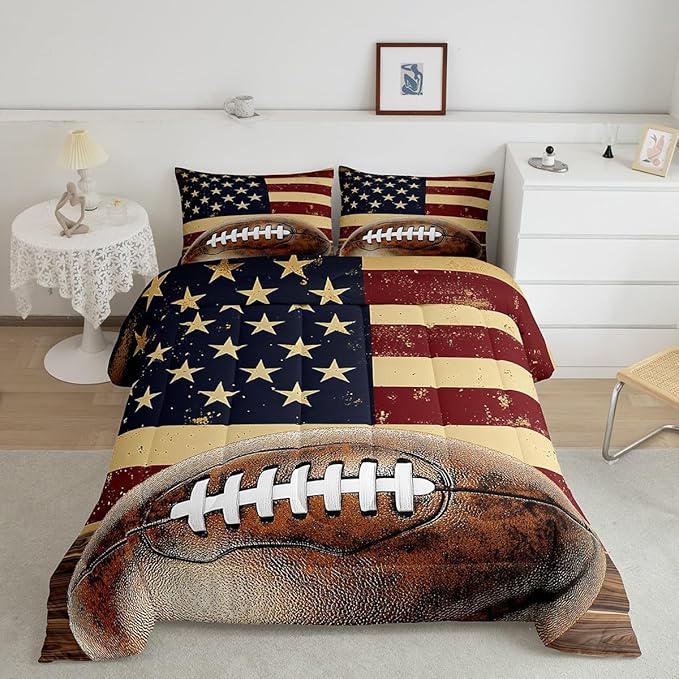 Feelyou Rugby Comforter Set Queen Size Football Comforter for Boys Girls Teens Rugby Sports Bedding Set Gift for Football Lover Duvet Set Room Decor Brown Quilt Set