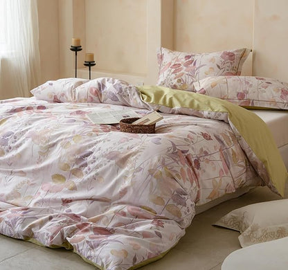King Size Floral Comforter Set, 3Pcs Long Staple Cotton Duvet for All Seasons, Botanical Print Bedding Set with 1 Lightweight Comforter and 2 Pillow Shams