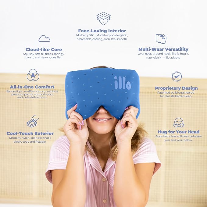 illo Wearable Pillow Sleep Mask | Soft Mulberry Silk Blackout Sleeping & Napping Eye Mask | Best for Home Bed, Work, Camping, Airplane, Side Sleeper | Reversible as Travel Neck Pillow | Women & Men