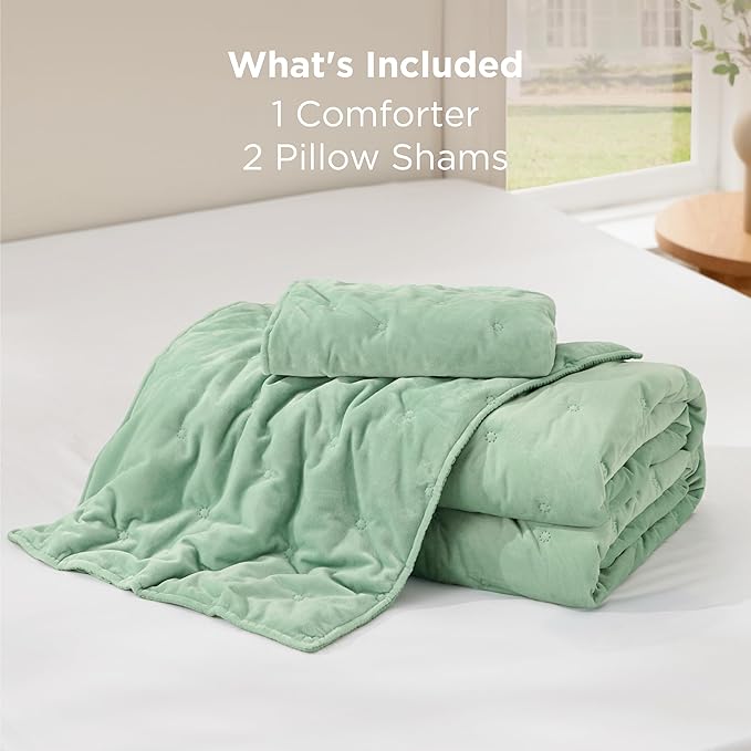 Bedsure Velvet Fleece Comforter Set Queen, Sage Green Lightweight Quilted Bedding Set, Soft Warm Blanket for All Season, 3 Pieces, 1 Comforter (90" x 90") and 2 Pillow Shams (20" x 26")