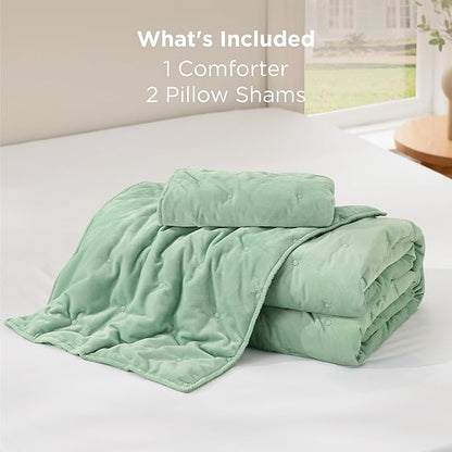 Bedsure Velvet Fleece Comforter Set Queen, Sage Green Lightweight Quilted Bedding Set, Soft Warm Blanket for All Season, 3 Pieces, 1 Comforter (90" x 90") and 2 Pillow Shams (20" x 26")