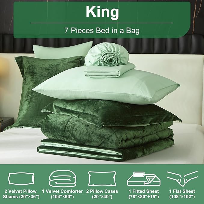 Ivellow King Comforter Set 7 Pieces Bed in a Bag Crushed Velvet Comforter Set Flannel King Green Comforter Ultra Soft Breathable Luxury Soft Warm Winter Bedding Set with Sheets, Pillowcases & Shams