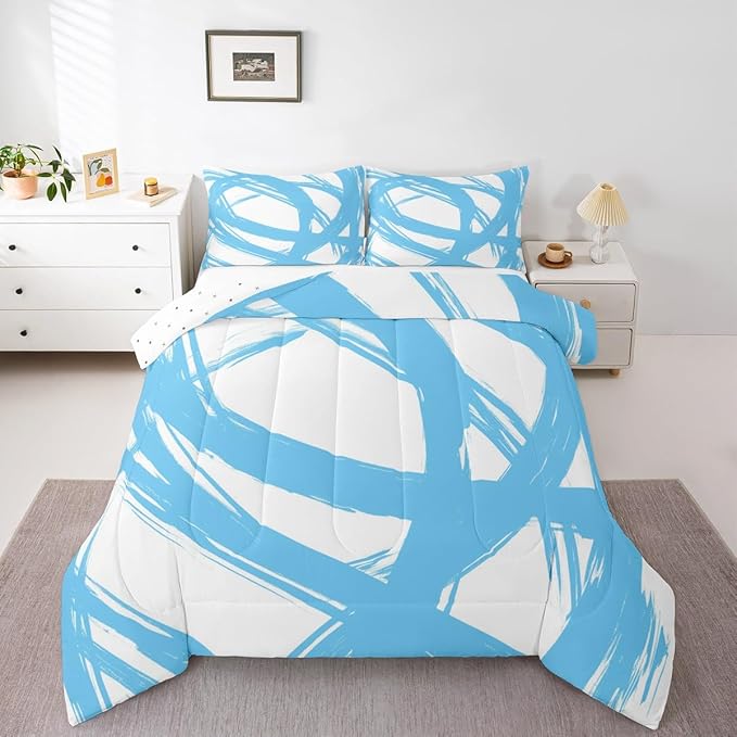 Blue and White Abstarct Comforter Set Twin Size for Kids Boys Girs,Graffiti Stripes Lines Bedding Set,Aesthetic Geometric Duvet Insert for Minimalists,Contemporary Boho Modern Art Quilt