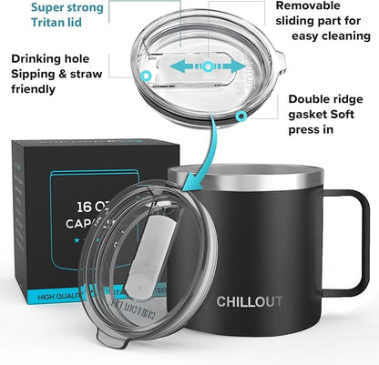 CHILLOUT LIFE Stainless Steel 16 oz Vacuum Insulated Coffee Mug with Handle and Lid, Large Thermal Camping Coffee Mug Cup with Durable Sliding Lid for Men & Women, Keeps your Beverages Hot &Cold