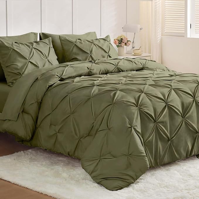 JOLLYVOGUE Full Size Comforter Sets 7 Pieces - Bed in a Bag Full for All Season, Pintuck Bedding Comforter Sets with Comforter, Flat Sheet, Fitted Sheet and Pillowcases & Shams, Olive Green