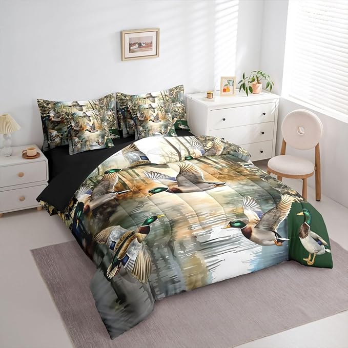 Lake Cabin Bed in a Bag Queen Comforter Set 7 Piece | Mallard Duck Bedding Sets Mens Country Tree Branch Camouflage Comforter and Sheet Set, Woodland Animals Hunting Bed Sets,Rustic Farmhouse Decor