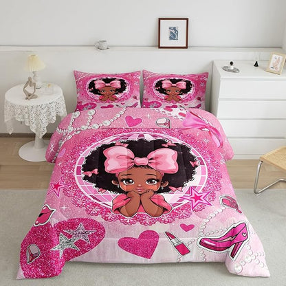 Manfei Black Princess Girly Comforter Set King Size,High-Heeled Shoes Lip Bowknot Diamond Bedding Set,Girls Women Room Decor,African American Girls Down Comforter,Pink Cute Duvet Insert,2 Pillowcases