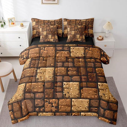 Castle Fairy Brown Stone Wall 7 Piece Comforter & Sheet Sets King Size,Pixel Style Bedding Set Splicing Grid Block Bed in a Bag Video Games Flat & Fitted Sheets,4 Pillow Covers