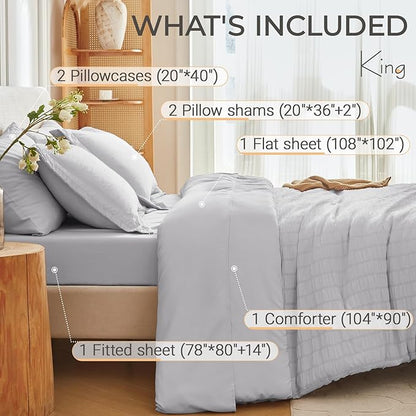 MUXHOMO 7 Pieces King Comforter Set, Seersucker Bed in a Bag King Size, All Season Luxury Bedding Set with Comforter, Flat Sheet, Fitted Sheet, Pillowcases & Shams, Light Grey
