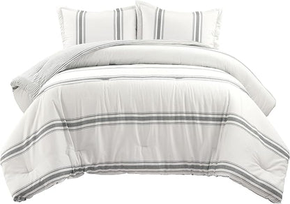 Lush Decor Farmhouse Stripe Reversible Cotton Comforter Set, 3 Piece Set, Full/ Queen, Dark Gray - Cozy Farmhouse Bedding Set - Rustic Decor - Striped Comforter - Modern Farmhouse Bedroom Decor