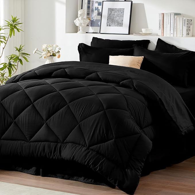 Newspin King Comforter Set Black - Bed in a Bag King Size 8 Pieces, All Season Bed Set, Fluffy Comforter Set with Sheets, Sheet Set Quilt Blanket, Pillowcases & Shams & Bed Skirt