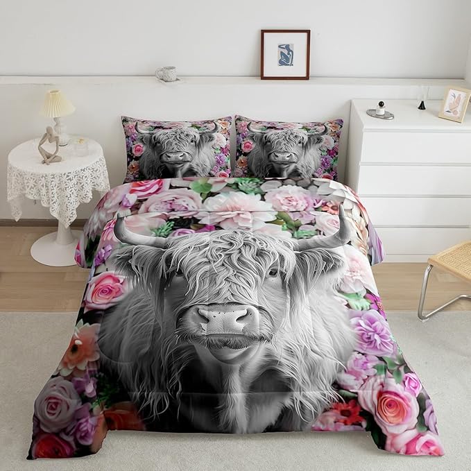 Erosebridal Highland Cow Comforter Set Queen Size Rose Flower Bedding Set for Kids Girls Boys Teens Adult Western Wild Animal Bull Cattle Down Comforter Funny Farmhouse Comforter Pink Grey