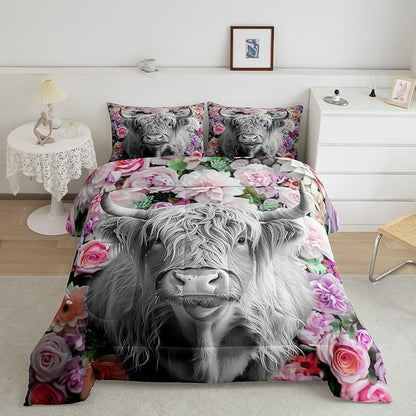 Erosebridal Highland Cow Comforter Set Queen Size Rose Flower Bedding Set for Kids Girls Boys Teens Adult Western Wild Animal Bull Cattle Down Comforter Funny Farmhouse Comforter Pink Grey
