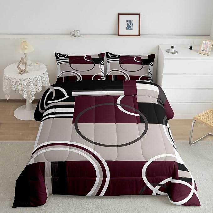 Erosebridal Modern Purple Grey Black Stripe Comforter Set Geometric Down Comforter King Size Retro Circle Swirls Bedding Set Bedroom Decor Abstract Texture Color Art Duvet Set for Kids Adult