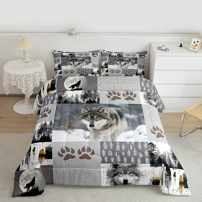 Manfei Wolf Kids Comforter Set Full Size,Wolf Paws Print Pine Trees Wild Adventure Bedding Set,Boys Girls Adults Room Decor,Geometric Plaids Patchwork Down Comforter,Rustic Duvet Insert,2 Pillowcases