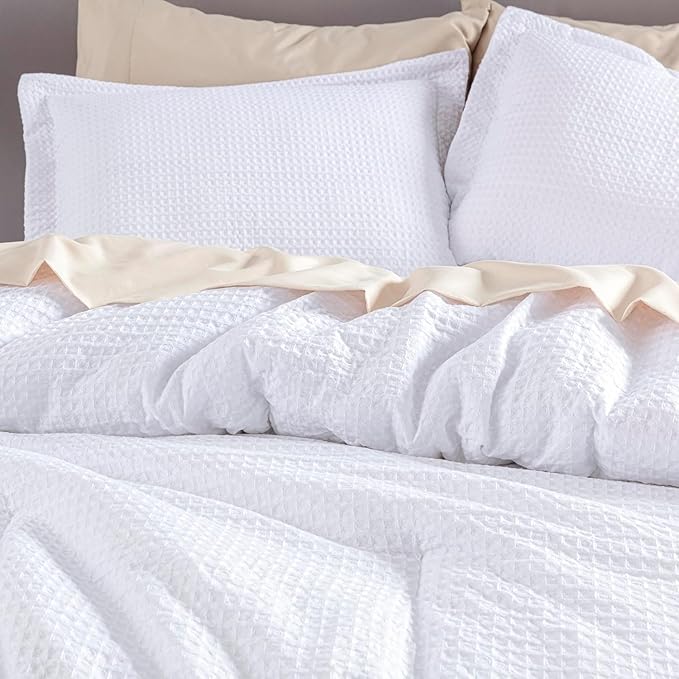 Chezmoi Collection Wilmer 3-Piece Waffle Weave Comforter Set - Soft and Cozy All Season Bedding Set, Queen, White