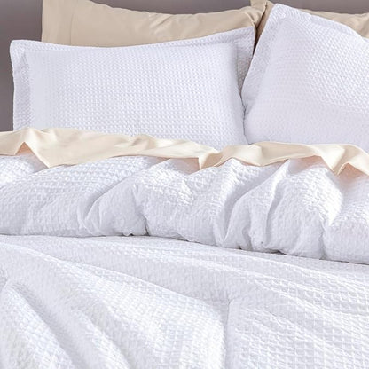 Chezmoi Collection Wilmer 3-Piece Waffle Weave Comforter Set - Soft and Cozy All Season Bedding Set, Queen, White