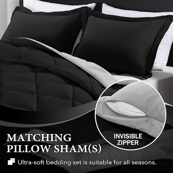 downluxe Queen Comforter Set - Black and Grey Comforter Set Queen, Soft Bedding Sets for All Seasons -3 Pieces - 1 Comforter (88"x92") and 2 Pillow Shams(20"x26")