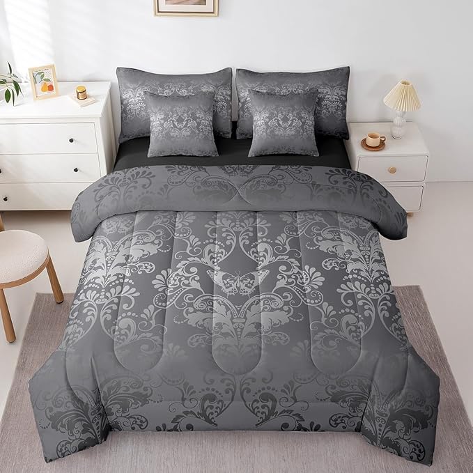 Erosebridal Gothic Damask Bed in a Bag Queen Comforter Set 7 Piece,Butterfly Skull Bedding Sets Silver Gray Victorian Floral Goth Sheet Set with Comforter