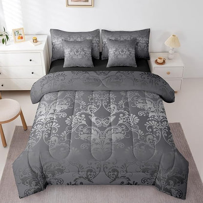 Erosebridal Gothic Damask Bed in a Bag Queen Comforter Set 7 Piece,Butterfly Skull Bedding Sets Silver Gray Victorian Floral Goth Sheet Set with Comforter