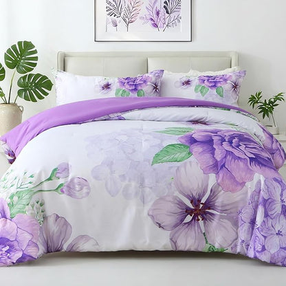 Floral Comforter Set King Size, 3 Pieces Elegant Purple Floral Bed in a Bag, Soft Microfiber Botanical Flower Bedding Set with 2 Pillowcases for All Season 104"×90"