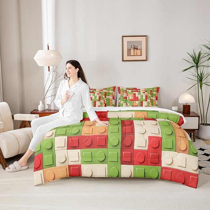 Feelyou Building Block Print 7 Piece Bedding Set King Size Kids Brick Styles Comforter Set with Sheets for Boys Teens Colorful Gaming Bed in a Bag Green Red Yellow Room Decor