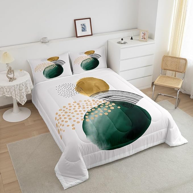 Abstract Artwork Comforter Set King Geometric Circle Bedding Set, Aesthetic Minimalist Bedding Comforter Sets Blackish Green Turqoise Duvet Sets, Beige White Quilted Comforter Cozy Soft 3pcs